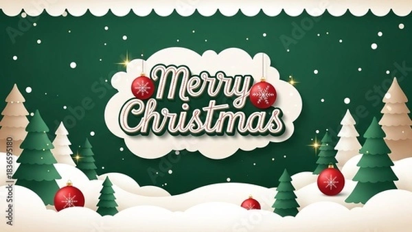 Fototapeta  green Merry Christmas and Happy New Year greeting card header banner in paper art style with Green Background, Snowy Paper-Cut Trees, and Festive Typography for Holiday Greeting Designs