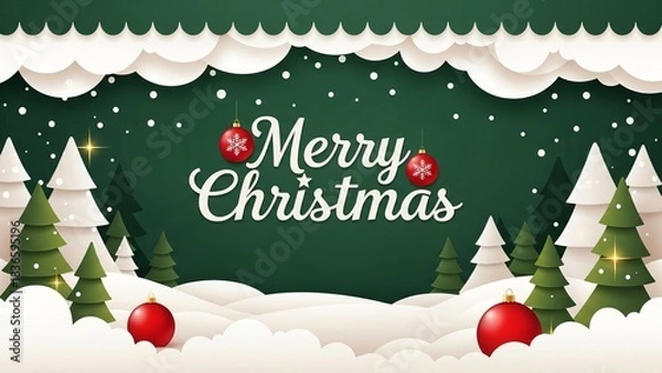 Fototapeta  green Merry Christmas and Happy New Year greeting card header banner in paper art style with Green Background, Snowy Paper-Cut Trees, and Festive Typography for Holiday Greeting Designs