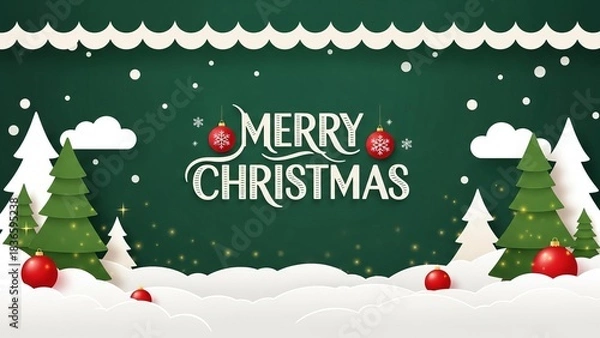 Fototapeta  green Merry Christmas and Happy New Year greeting card header banner in paper art style with Green Background, Snowy Paper-Cut Trees, and Festive Typography for Holiday Greeting Designs