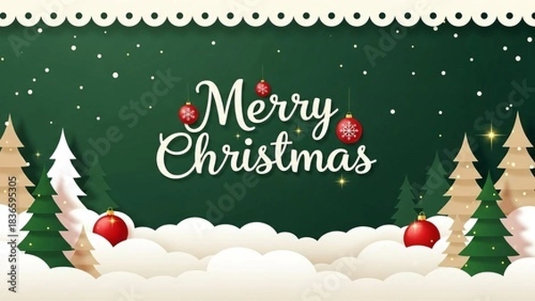 Fototapeta  green Merry Christmas and Happy New Year greeting card header banner in paper art style with Green Background, Snowy Paper-Cut Trees, and Festive Typography for Holiday Greeting Designs