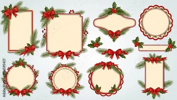 Fototapeta Christmas and Happy New Year greeting card vector set,  , decorated with elegant pine leaves, holly elements, and festive ribbons.