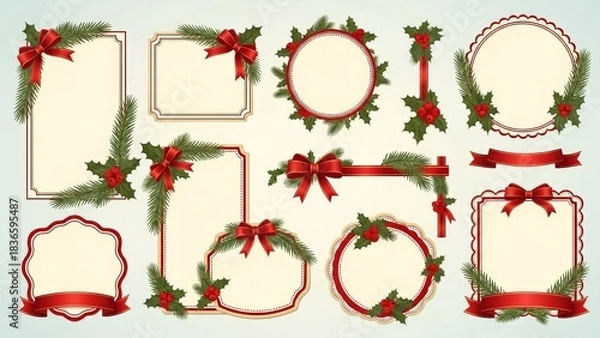 Fototapeta Christmas and Happy New Year greeting card vector set,  , decorated with elegant pine leaves, holly elements, and festive ribbons.