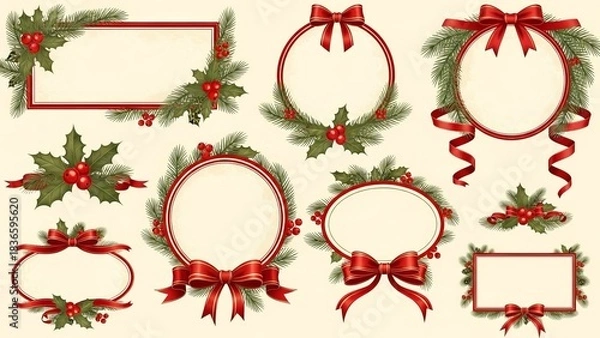Fototapeta Christmas and Happy New Year greeting card vector set,  , decorated with elegant pine leaves, holly elements, and festive ribbons.