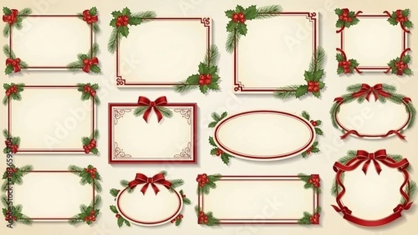 Fototapeta Christmas and Happy New Year greeting card vector set,  , decorated with elegant pine leaves, holly elements, and festive ribbons.