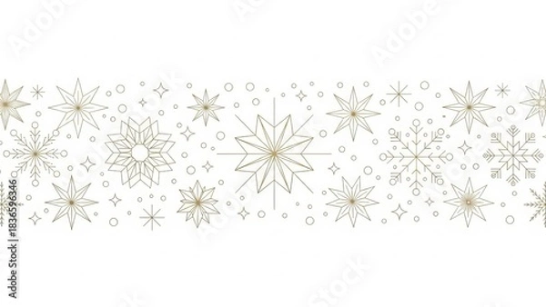 Fototapeta Snowflakes and Stars Border Pattern ,Minimalist Christmas Decorative Line Vector