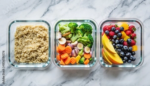 Fototapeta Healthy Meal Prep Containers with Quinoa, Colorful Vegetables, and Fresh Fruit on White Marble Background.