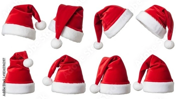 Fototapeta Big set of realistic Santa Hats, rand White Santa Claus Hats in Various Shapes Isolated on White Background
