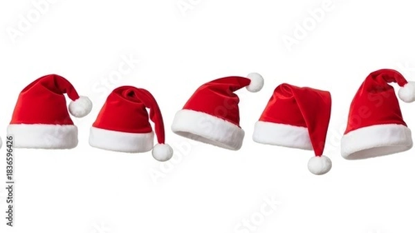 Fototapeta Big set of realistic Santa Hats, rand White Santa Claus Hats in Various Shapes Isolated on White Background