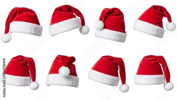 Fototapeta Big set of realistic Santa Hats, rand White Santa Claus Hats in Various Shapes Isolated on White Background