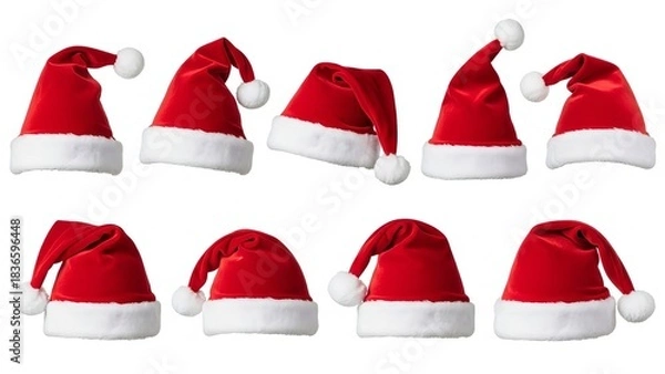 Fototapeta Big set of realistic Santa Hats, rand White Santa Claus Hats in Various Shapes Isolated on White Background