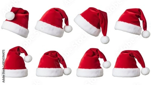 Fototapeta Big set of realistic Santa Hats, rand White Santa Claus Hats in Various Shapes Isolated on White Background