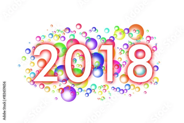 Fototapeta white inscription 2018 with a red shadow on a background of colored soap bubbles on a white background