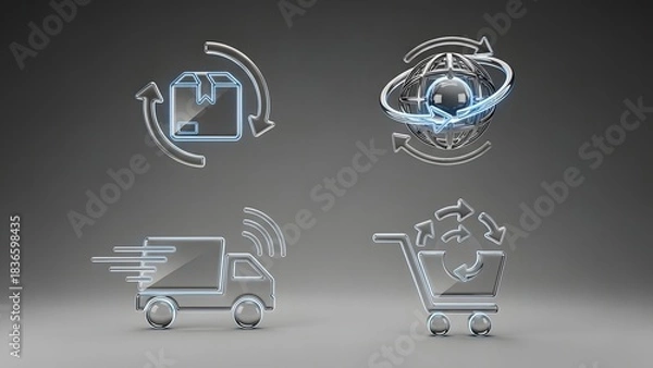 Fototapeta Dynamic 3D Icons Illustrating E-commerce Solutions, Global Supply Chain, Expedited Delivery, and Online Shopping Logistics for Modern Business Efficiency