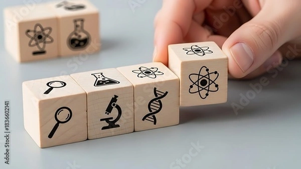 Fototapeta Wooden Blocks Displaying Scientific Symbols in Research, Experimentation, and Scientific Discovery