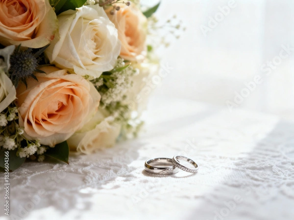 Obraz wedding rings and bouquet