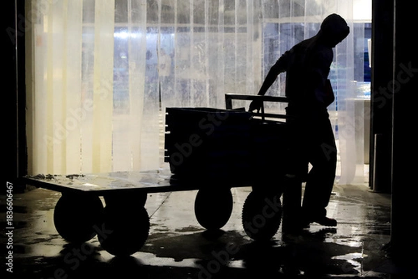 Fototapeta Man carrying trolleys to unload fish from the fishing boats in the port of Santa Pola town
