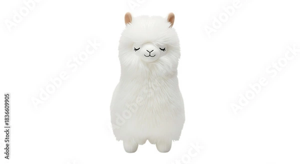 Fototapeta Fluffy white alpaca plush toy with closed eyes stuffed animal