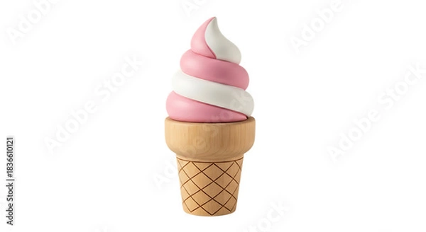 Fototapeta Pink and white soft serve ice cream in wooden cone