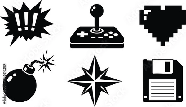 Fototapeta Flat design pixel art black icon set showing joystick pixel heart bomb floppy disk compass rose exclamation burst high contrast silhouette for retro game projects collection