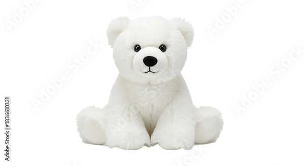 Fototapeta White plush polar bear toy sitting on black background
