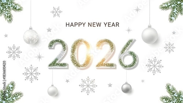 Obraz 2026 Happy New Year Greeting with Glitter Numbers, Pine Branches, Ornaments, and Snowflakes on White Background