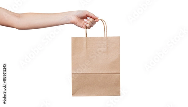 Fototapeta Hand holding a brown paper shopping bag with handles in a studio shot, isolated on a white backdrop solid white background and no background