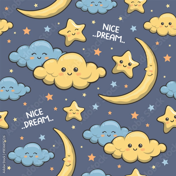 Obraz Seamless Pattern Good Night With Cute Moon, Stars, And Cloud. Have Nice Dream Background. Cartoon Illustration
