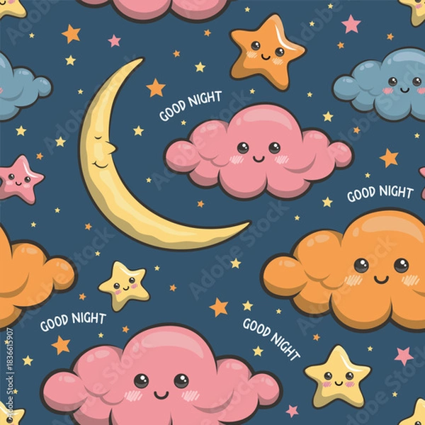 Obraz Good Night Seamles Pattern With Cute Cloud, Moon And Stars. Vector Cartoon Illustration