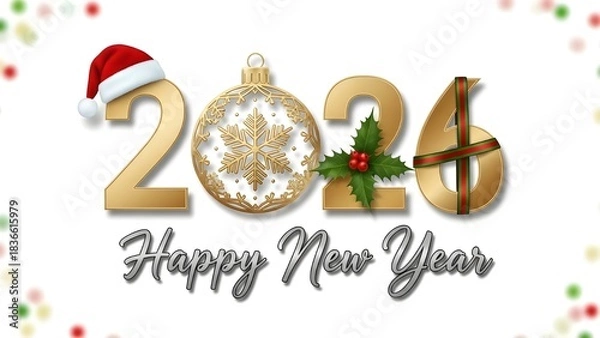 Obraz Festive 2026 Happy New Year Greeting with Santa Hat, Ornament, and Holly Decoration