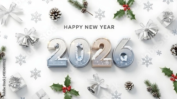 Obraz Elegant 2026 Happy New Year Greeting with Silver and Gold Decorations on White Background