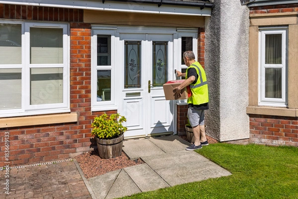 Obraz Online shopping courier ringing doorbell while holding parcel