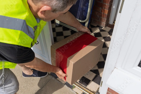 Fototapeta Courier placing parcel inside open porch doorway high-angle view