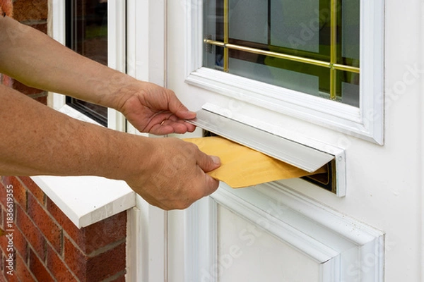 Fototapeta Courier Inserts Bubble Mailer Through Door Slot During Delivery