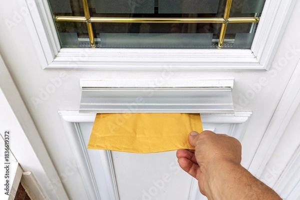 Fototapeta Point of View of Courier's Hand Pushing Padded Mailer Into Door Letterbox