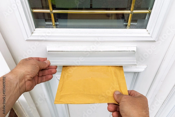 Fototapeta Point of View of Courier's Hand Pushing Padded Mailer Into Door Letterbox