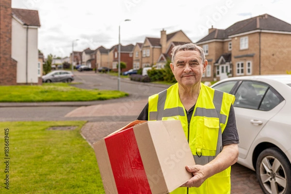 Fototapeta Courier Approaching Home While Carrying Online Shopping Parcel for Delivery