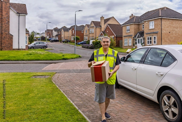 Obraz Courier Walking Up Driveway Carrying Parcel and Padded Mailer for Delivery