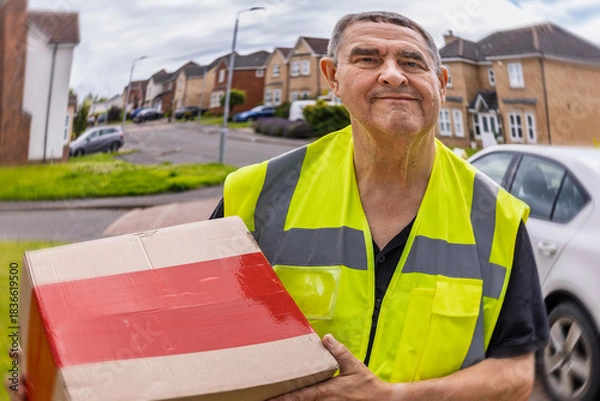 Fototapeta Distorted Doorbell Camera View of Courier Holding Parcel at Front Entrance