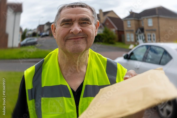 Fototapeta Distorted and Blurry Doorbell Camera Angle of Courier Presenting Padded Mailer