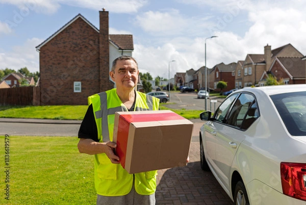 Fototapeta Courier Holding Large Parcel While Standing in Sunny Suburban Street