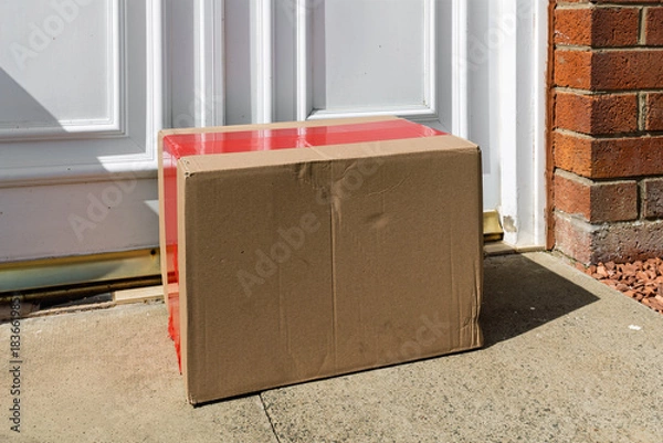 Fototapeta Delivered Cardboard Online Shopping Parcel Left on Doorstep of Suburban Home