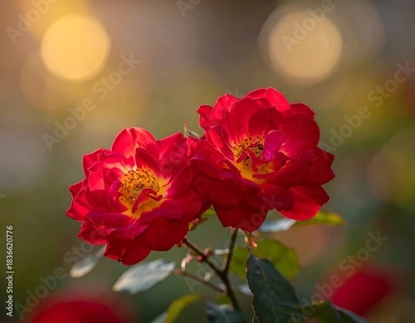 Obraz Two vibrant red and yellow flowers bathed in warm sunlight bokeh