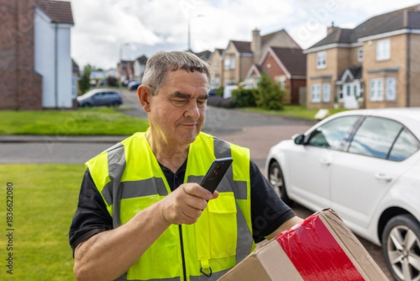 Fototapeta Courier Scanning Parcel at Front Door for Delivery Confirmation
