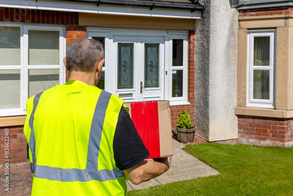 Fototapeta Courier Walking to Front Door Carrying Parcel for Delivery