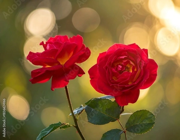 Obraz Two vibrant red roses, backlit by golden bokeh, on a green stem
