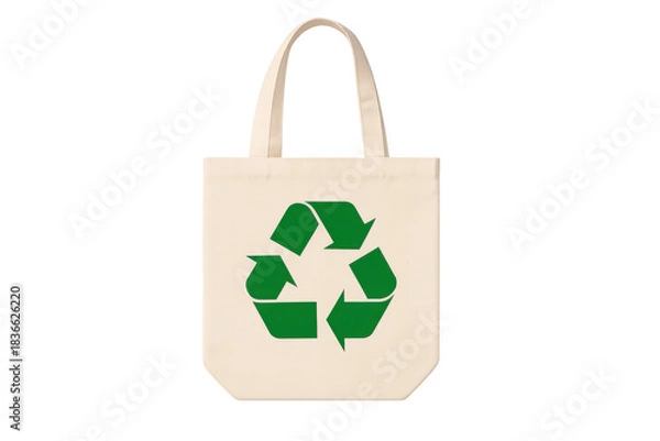Fototapeta Reusable canvas tote bag with green recycling symbol, representing eco friendly shopping and environmental sustainability, transparent background