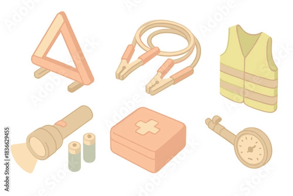 Fototapeta Car Emergency Kit Essentials. Isometric vector illustration set Basic car emergency kit contents: reflective safety triangle,