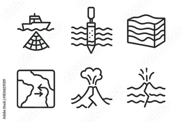 Fototapeta Marine Geology Icons. Line style icons of marine geology: seafloor mapping unit, sediment core sample, rock formation diagram,