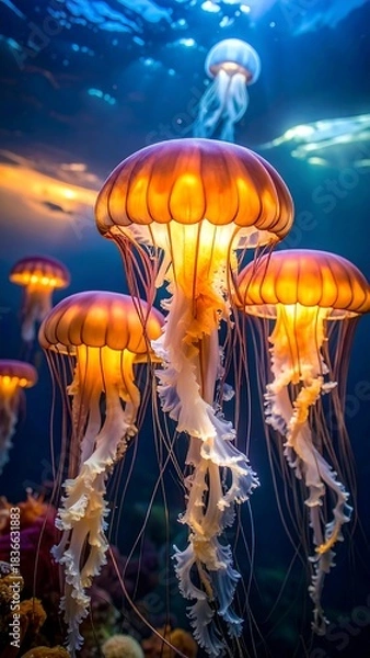 Obraz Underwater view of glowing jellyfish with flowing tentacles