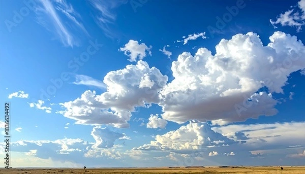 Obraz Vast expanse of a blue sky dotted with fluffy white clouds over terrain